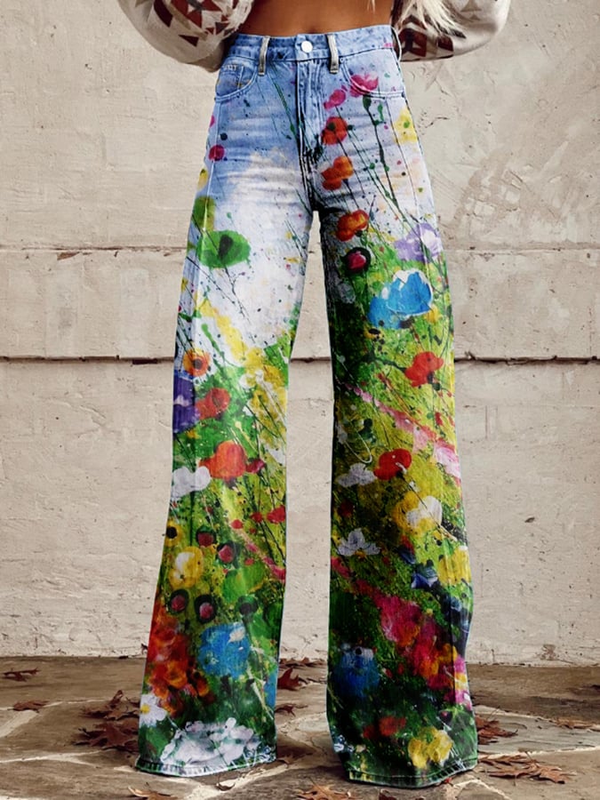 Women's Vintage Oil Painting Floral Wide Leg Pants