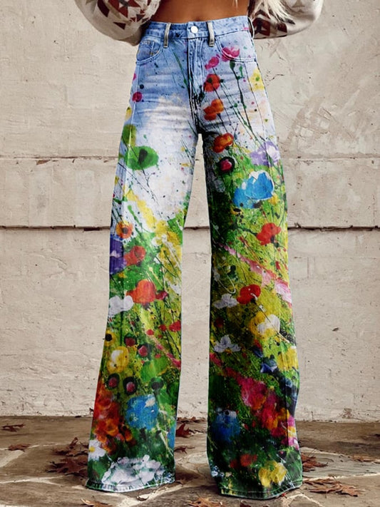 Women's Vintage Oil Painting Floral Wide Leg Pants