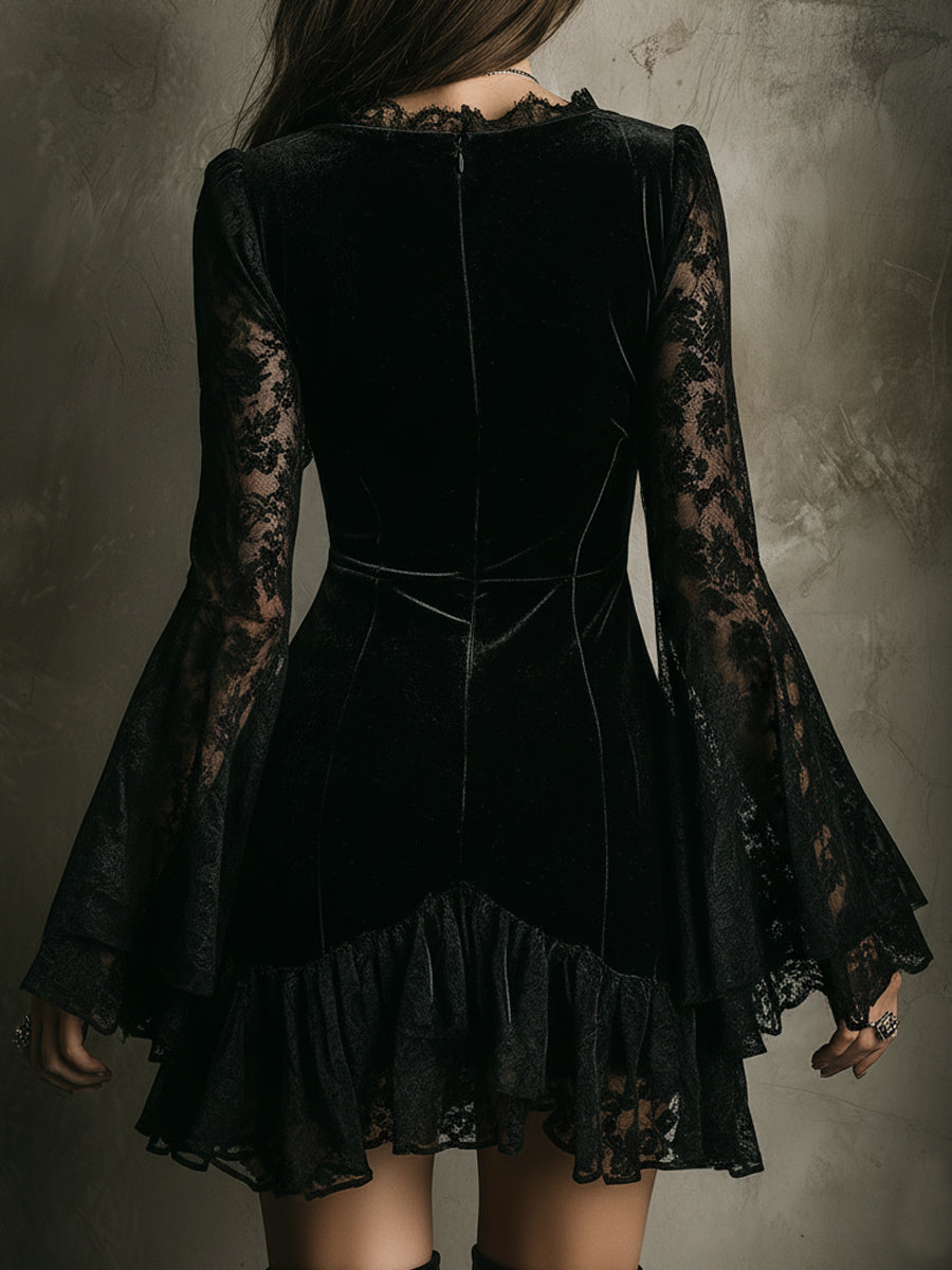 Retro Polyester Velvet Lace Bell Sleeve Mini Dress