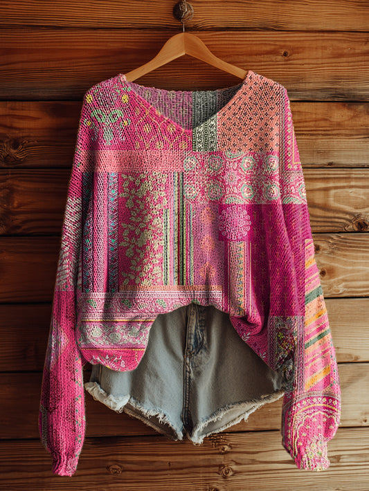 Women's Retro Ethnic Patchwork Art Pattern Print Casual V Neck Pullover Sweater