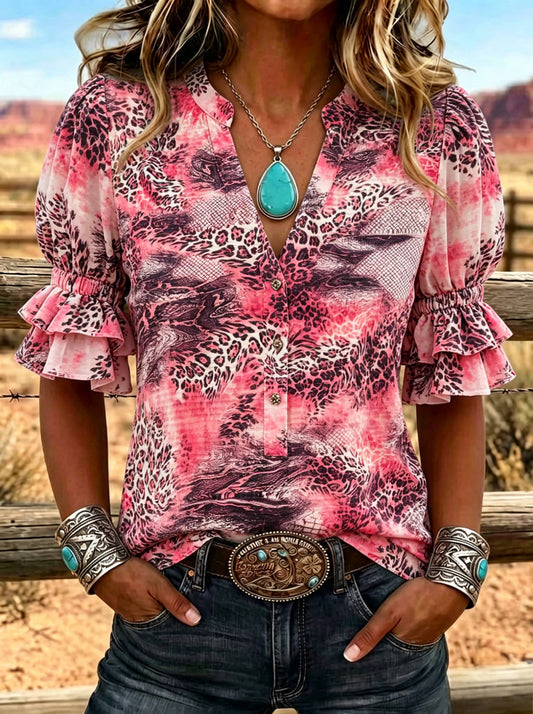 Women's Leopard Print Puff Sleeve Casual Shirt