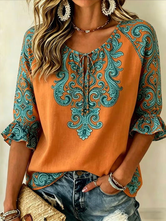 Women's Vintage Flowers Print Patchwork Casual Shirt