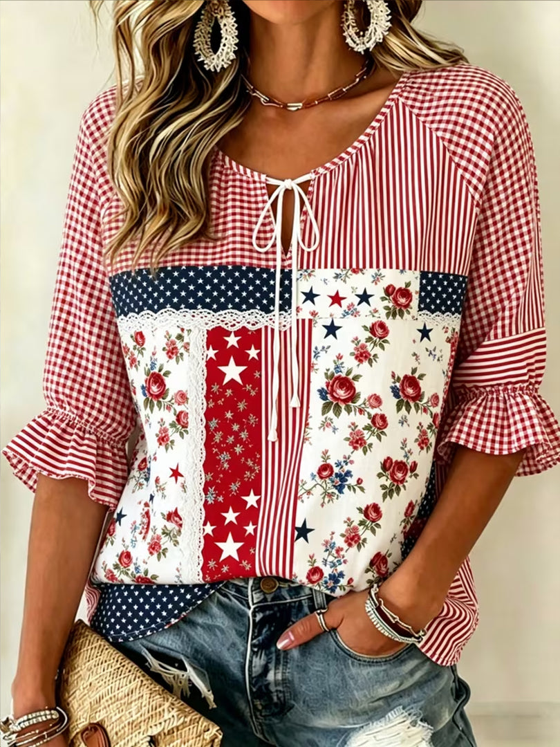 Women's Vintage American Flag Print Patchwork Casual Shirt