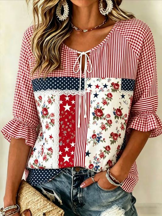 Women's Vintage American Flag Print Patchwork Casual Shirt