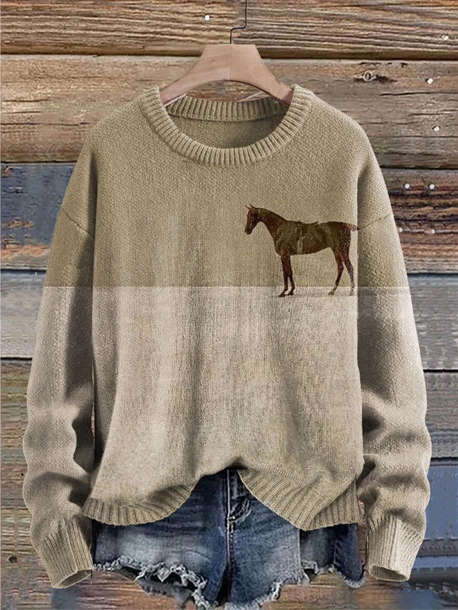 Vintage Horse Art Print Casual Cotton Sweatshirt