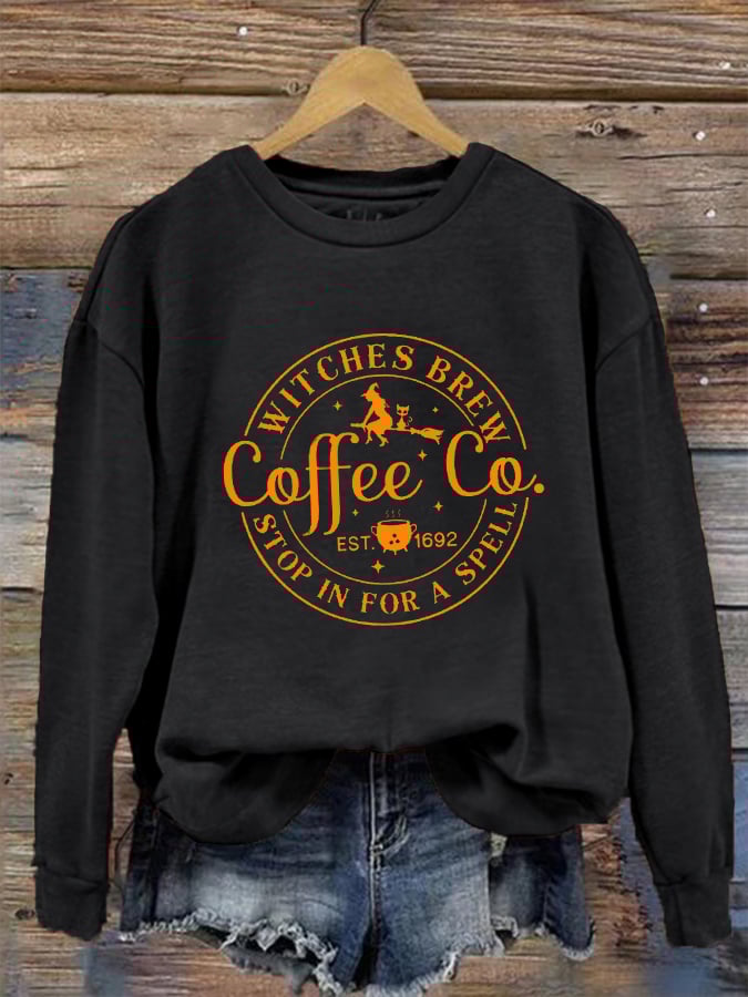 Women's Halloween Funny Coffee Co Witches Brew Prnted Sweatshirt