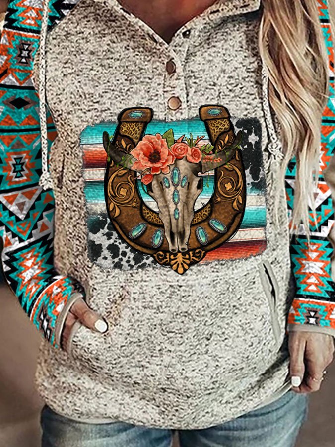 Vintage Ethnic Print Hooded Long Sleeve Sweatshirt