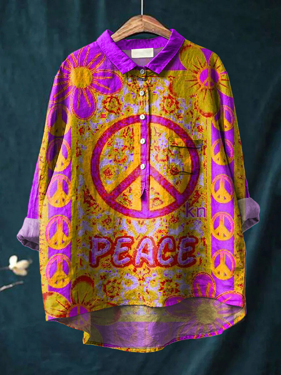 Vintage Peace And Love Art Print Casual Cotton And Linen Shirt