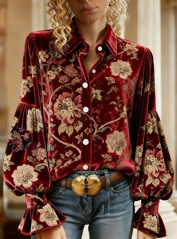 Retro Floral Print Velvet Top