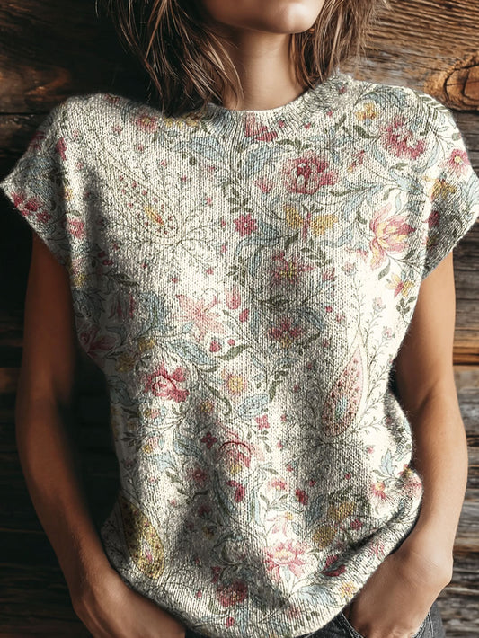 Women's Paisley National Flowers Art Print Casual Crew Neck Short Sleeve Knitted Sweater
