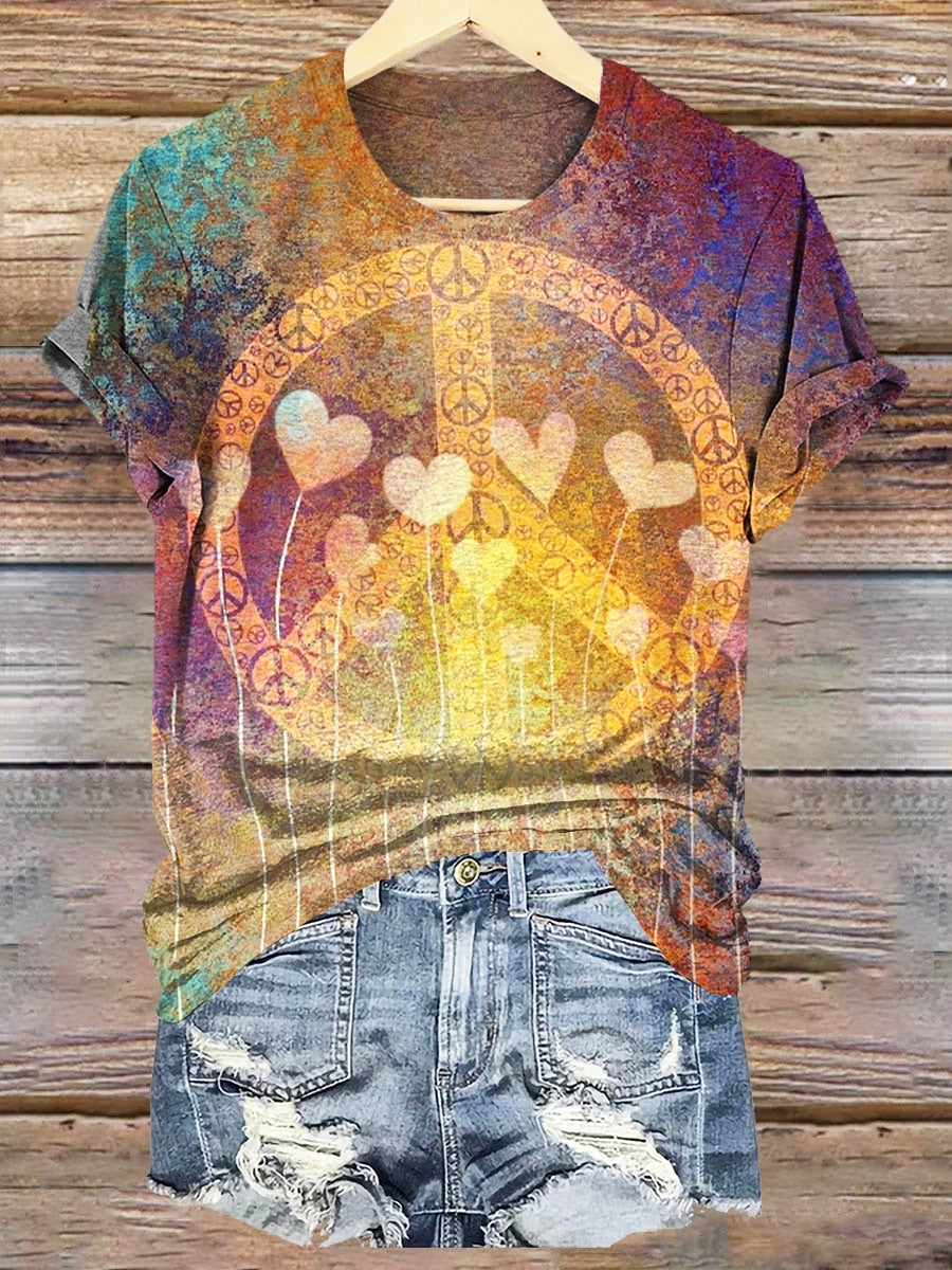 Hippie Peace Heart Printed Crew Neck T-shirt