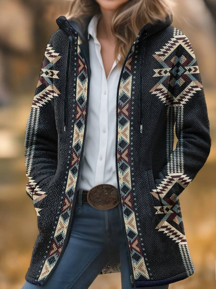 Retro Colorful Aztec Unisex Plush Thick Long-sleeved Cardigan Coat