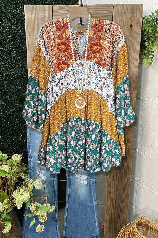 Casual Embroidered Patchwork Printed V-neck Top