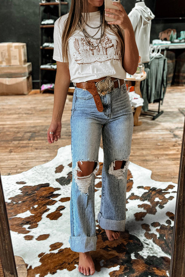 Vintage Washed Ripped Wide Leg Jeans