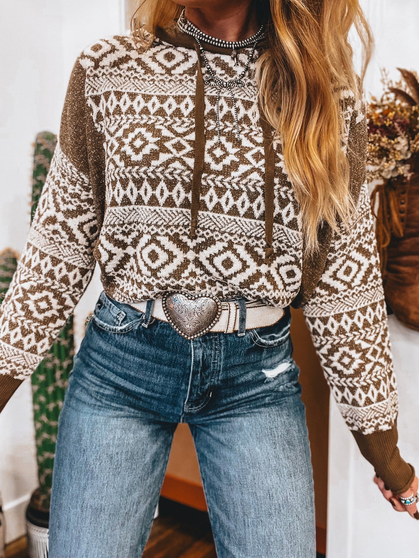 Western style ethnic print sweater