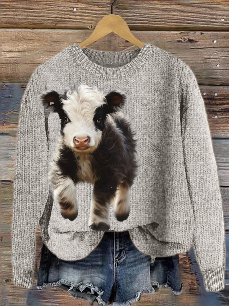 Fuzzy Baby Cow Art Cozy Knit Sweater