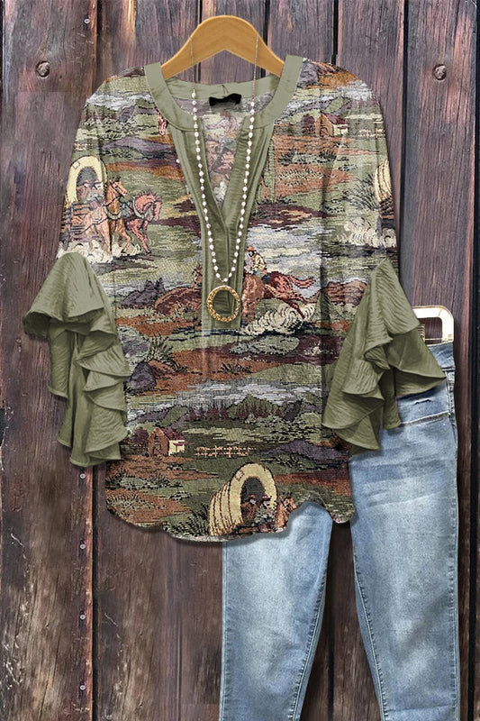 Vintage Western Cowgirl Horse Print Ruffle Sleeve Top