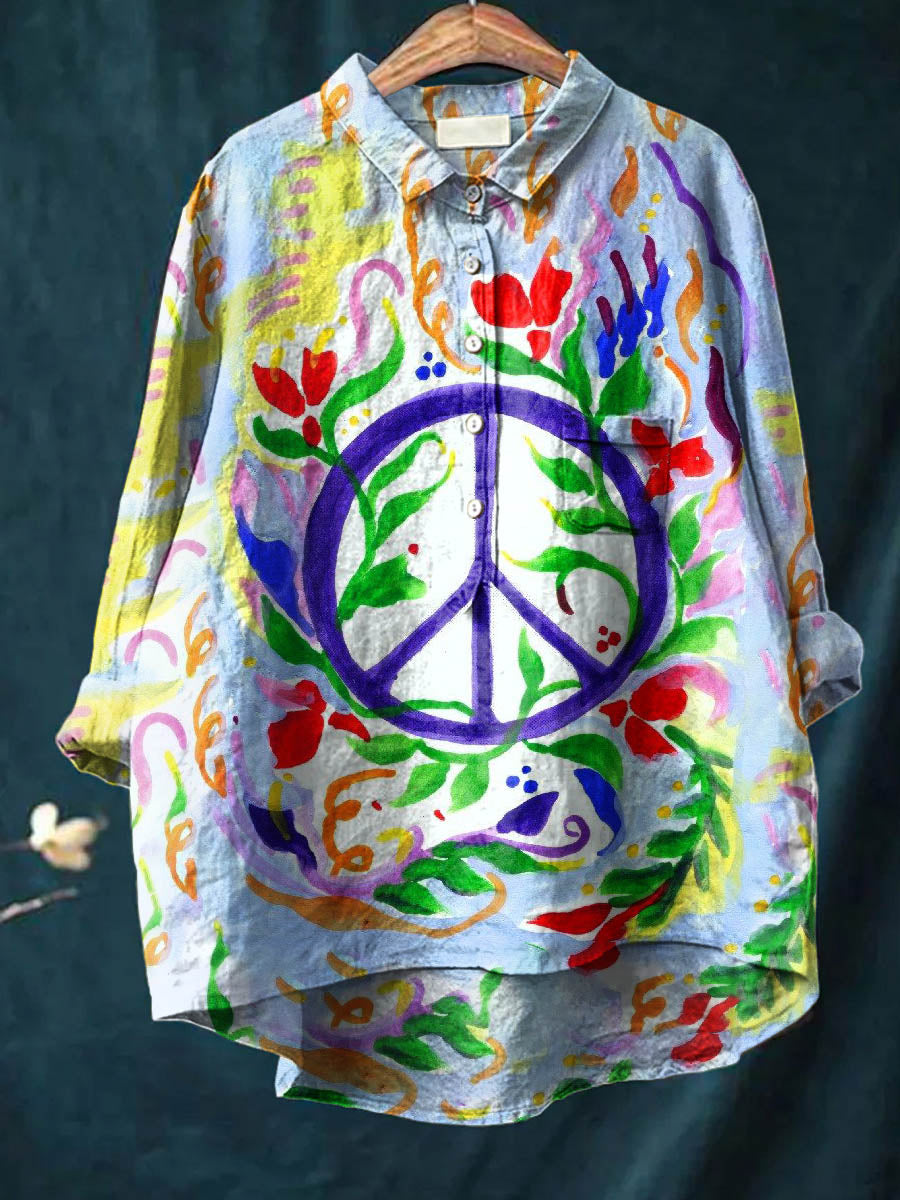 Peace And Love Art Pattern Print Casual Cotton And Linen Shirt