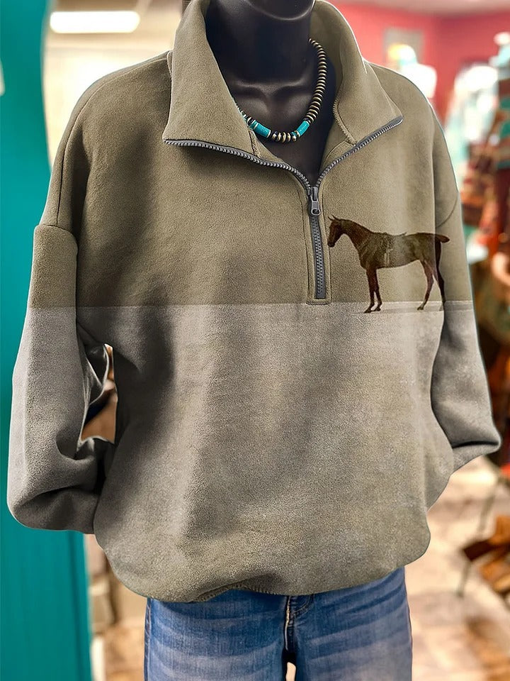Vintage Horse Art Print Casual Cotton Sweatshirt