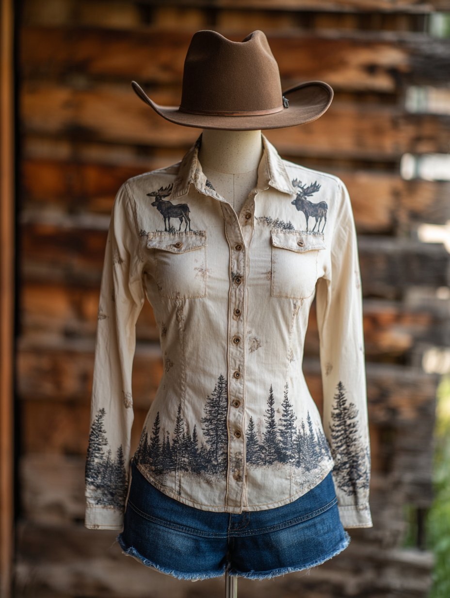 Women's Vintage Christmas Elk Evergreen Floral Western Double Pocket Shirt