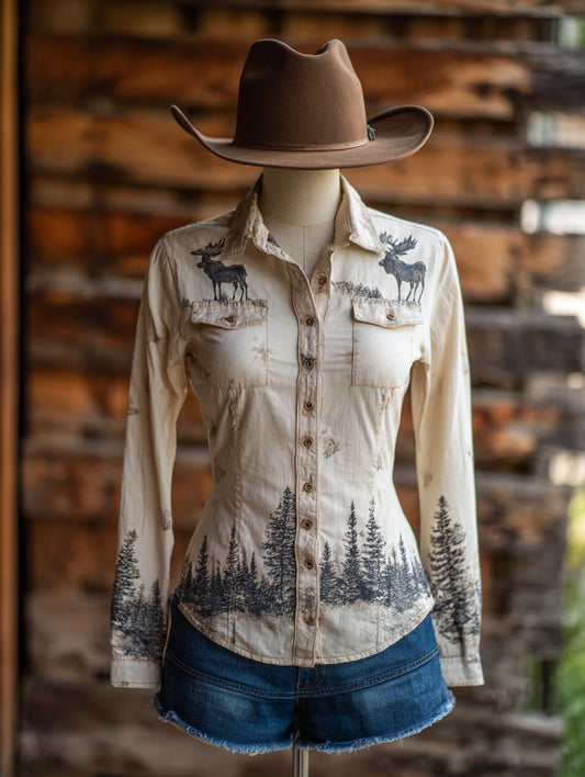 Women's Vintage Christmas Elk Evergreen Floral Western Double Pocket Shirt