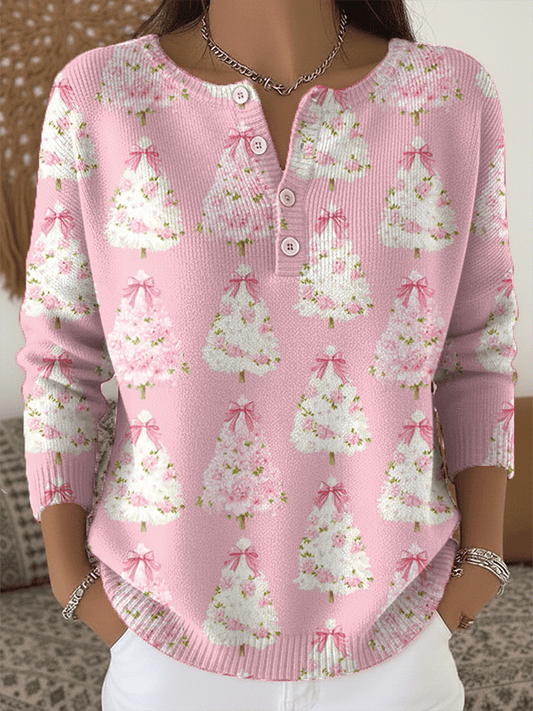 Women's Christmas Print Knit Button Top