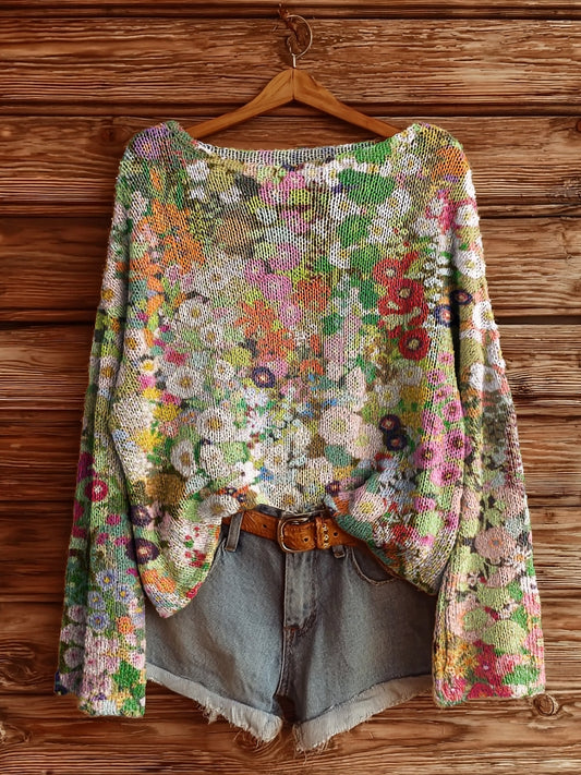 Women's Vintage Floral Art Pattern Print Casual Pullover Sweater