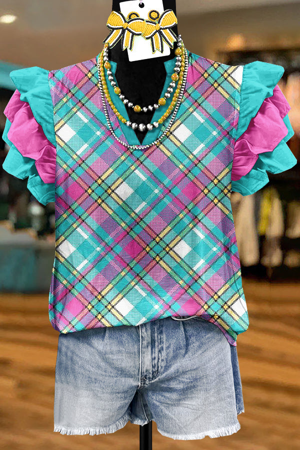 Sweet Blue Pink Plaid Flying Sleeve Top