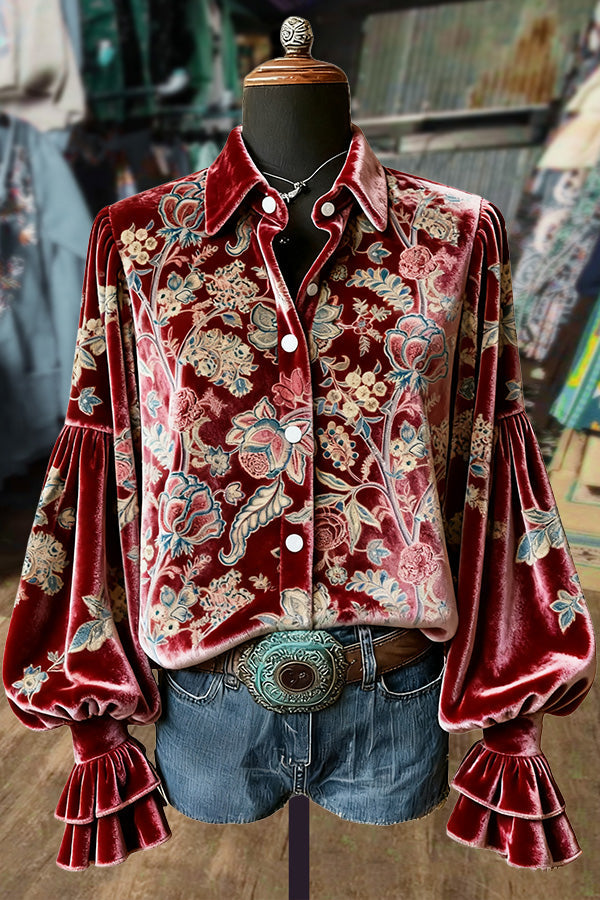 Vintage Floral Print Velvet Top