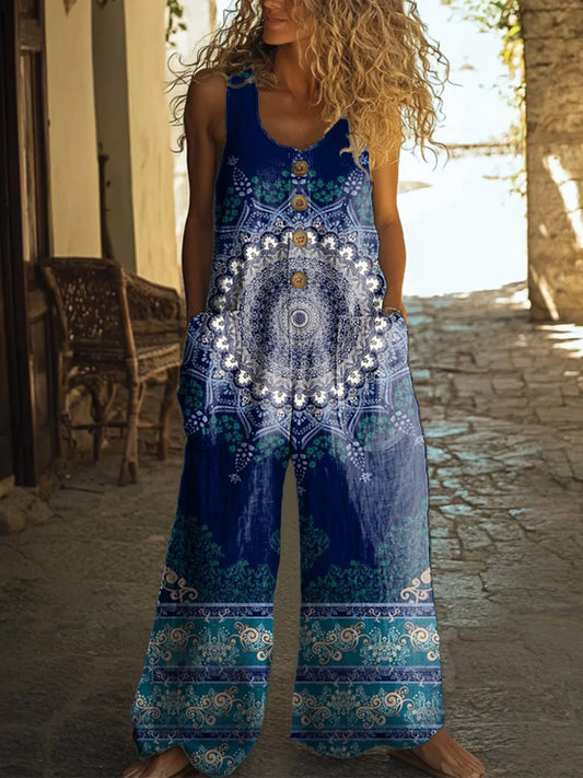 Women's Vintage Mandala Embellished Pattern Art Print Casual Suspenders Wide Leg Pants