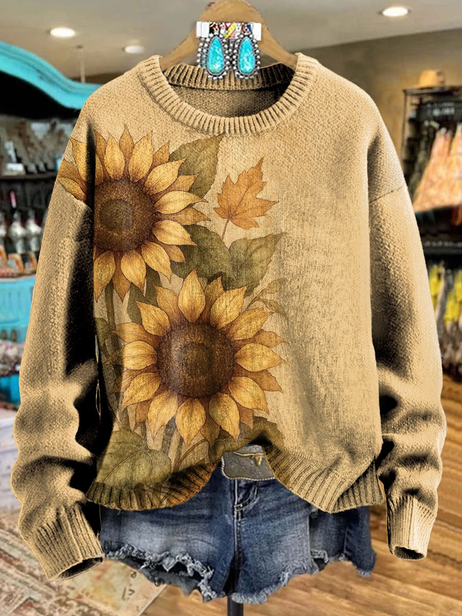 Vintage Sunflower Art Print Casual Cotton Sweatshirt