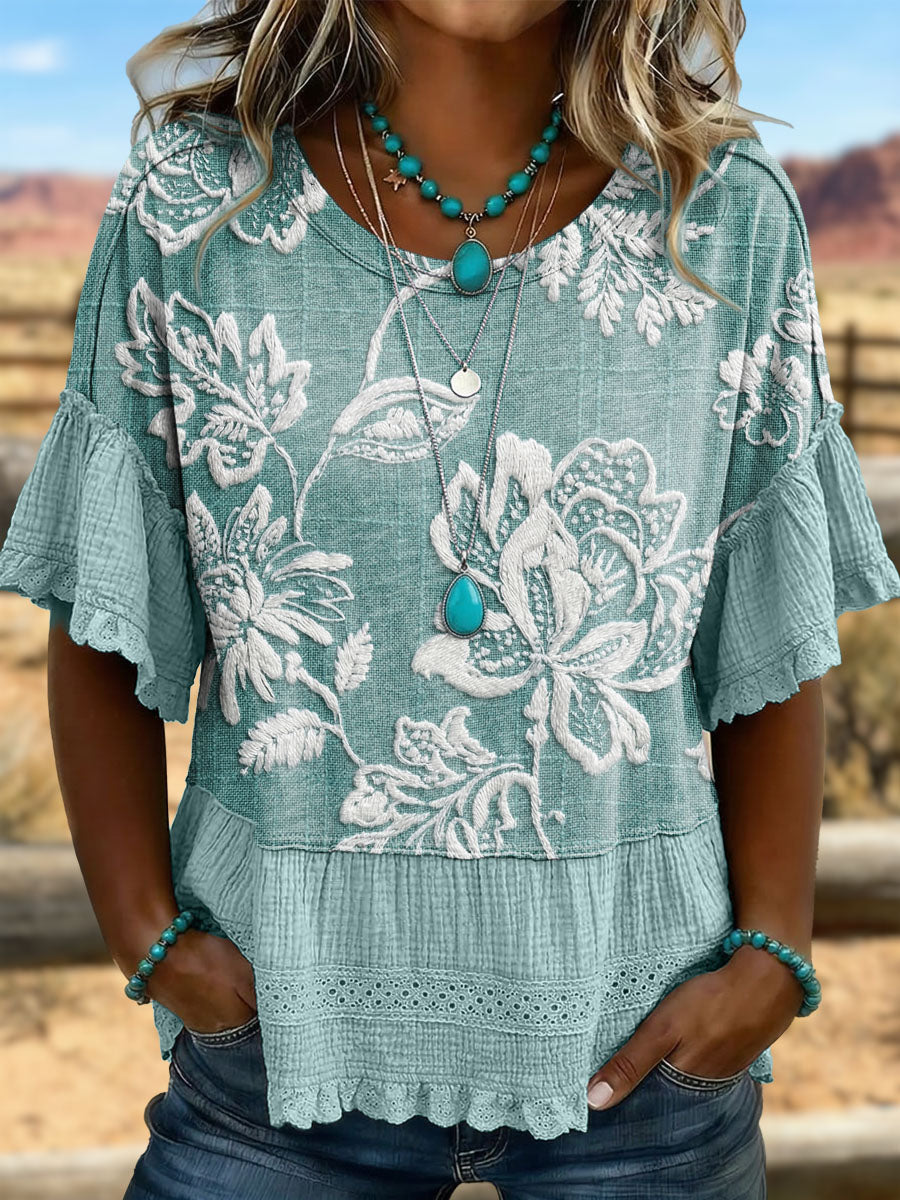 Vintage Art Hollowed Out Lace Patchwork T-Shirt