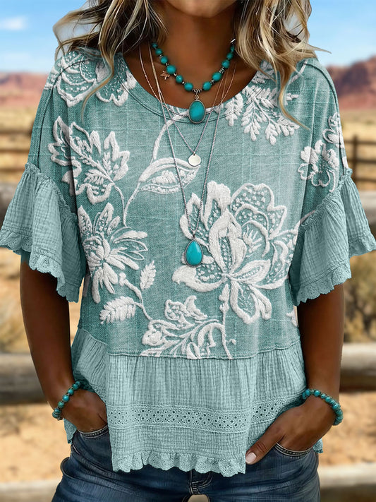 Vintage Art Hollowed Out Lace Patchwork T-Shirt
