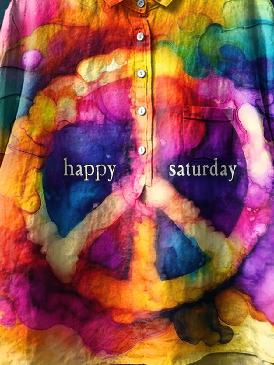 Peace And Love Happy Saturday Art Pattern Print Casual Cotton And Linen Shirt