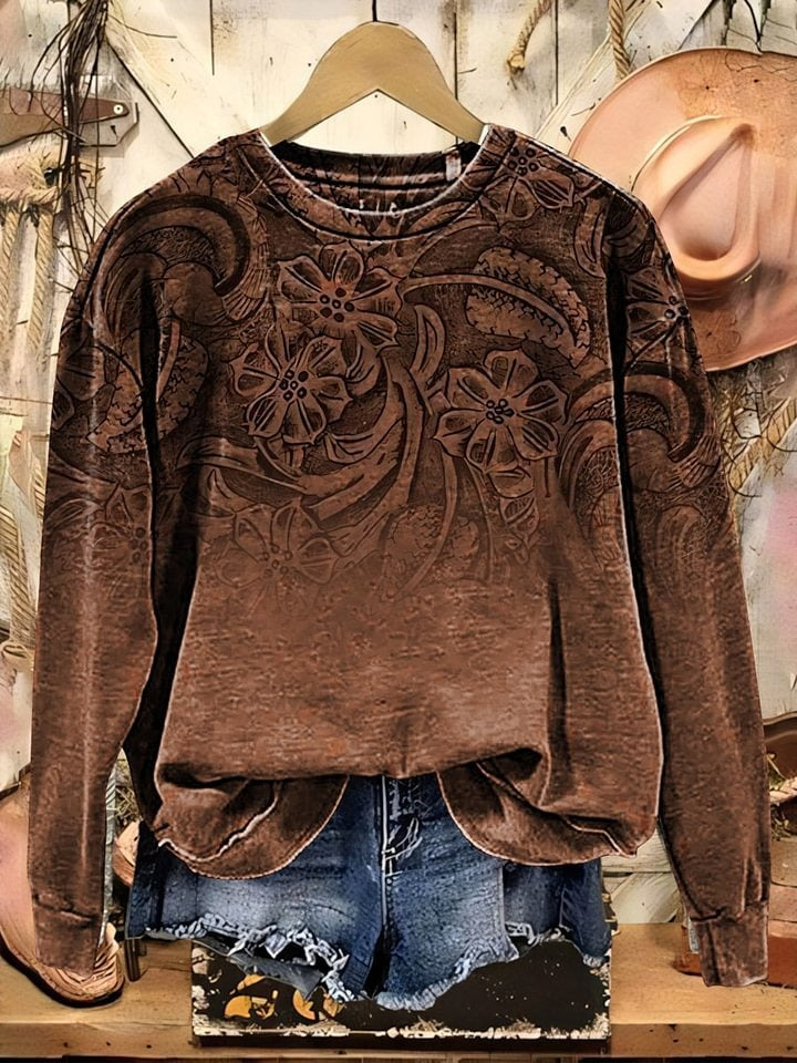 Retro Leather Embossing Pattern Print Buttoned Cardigan Sweater