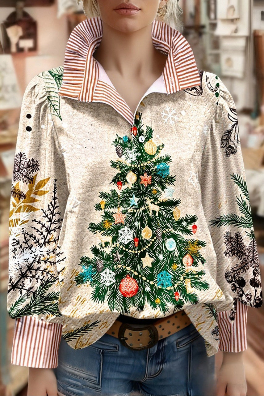 Chic Christmas Tree Print Striped Long Sleeve Top