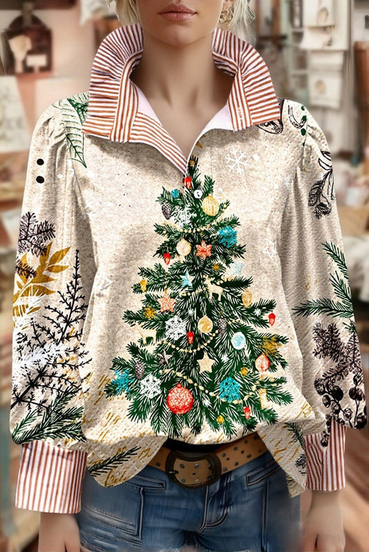 Chic Christmas Tree Print Striped Long Sleeve Top