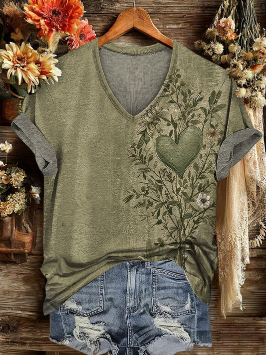Vintage Hearts Print Casaul Short Sleeve T-shirt
