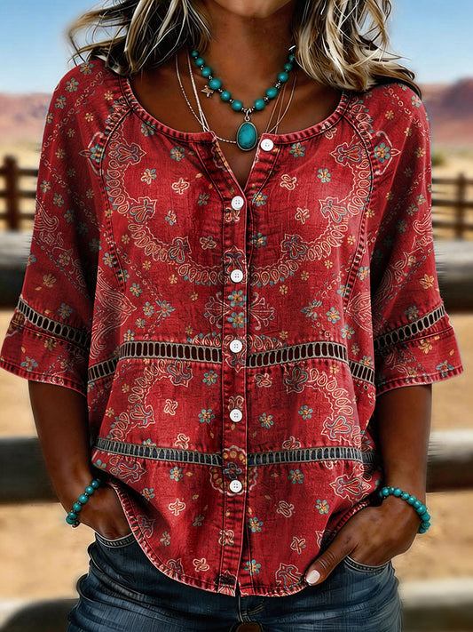 Vintage Floral Print Casual Hollow-Out Denim Shirt