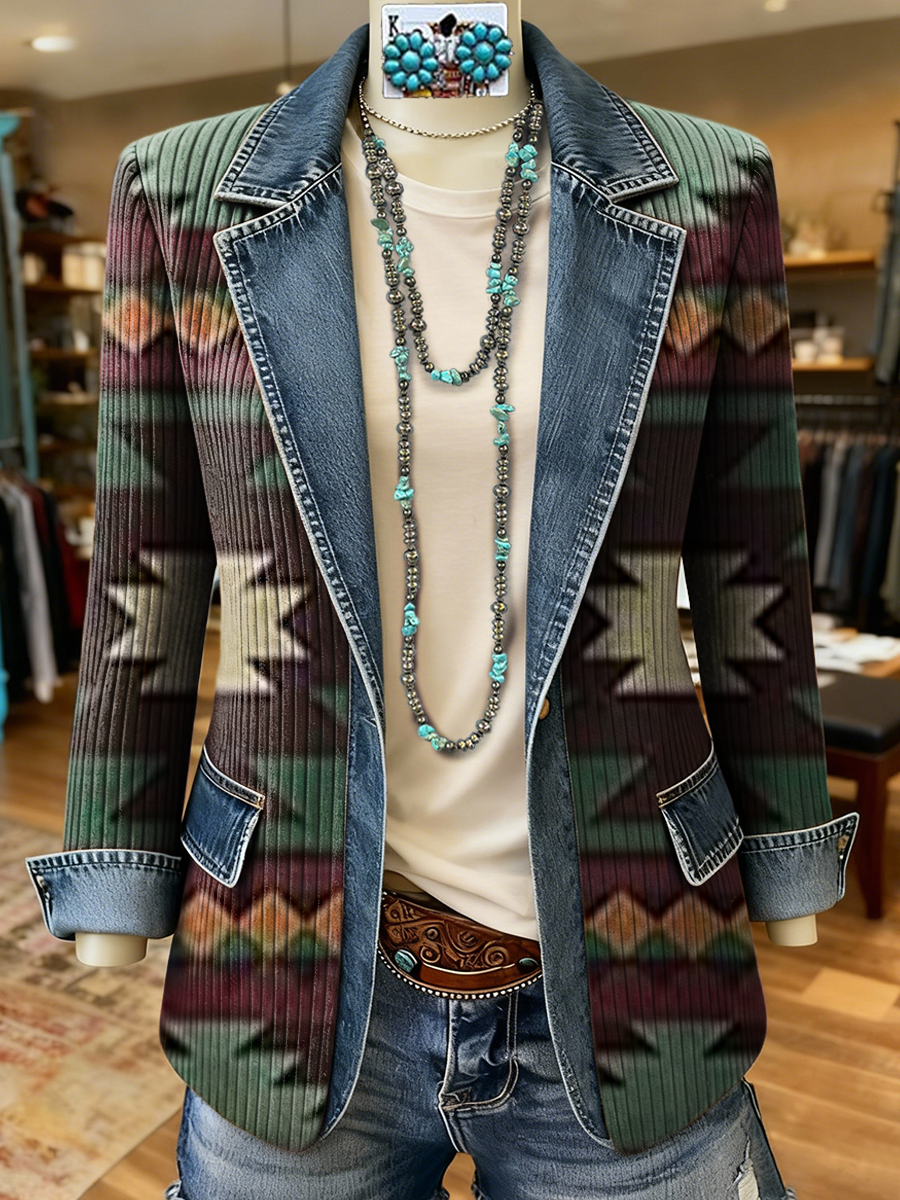 Vintage Aztec Art Print Patchwork Denim Sweater Cardigan Coat