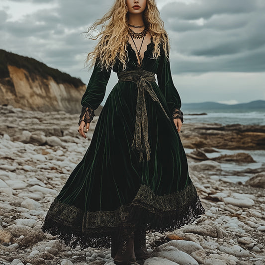 Breezy Bohemian Beach Vacation Autumn And Winter Velvet Ethnic Style Fluttering Dress