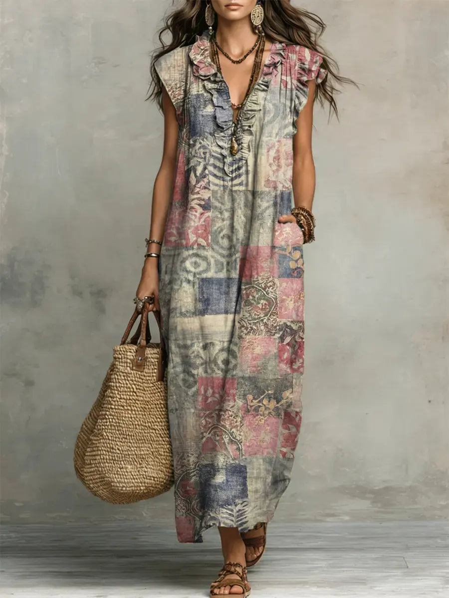 Women's Retro Floral Pattern Art Print Casual Ruffled Stylish Cotton Linen Dress