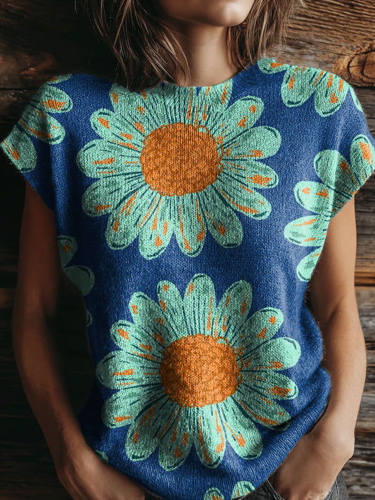 Women's National Flower Blue Art Print Casual Crew Neck Short Sleeve Knitted Sweater