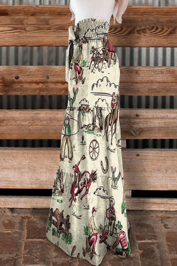 Vintage Wild West Cowboys Print Tiered Palazzo Pants