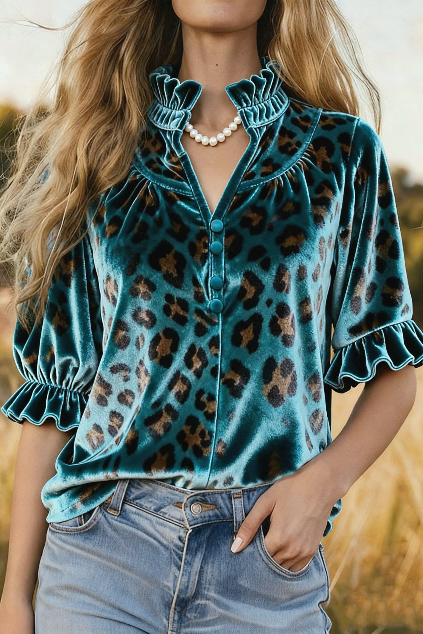 Leopard Print Ruffle Neck Velvet Top