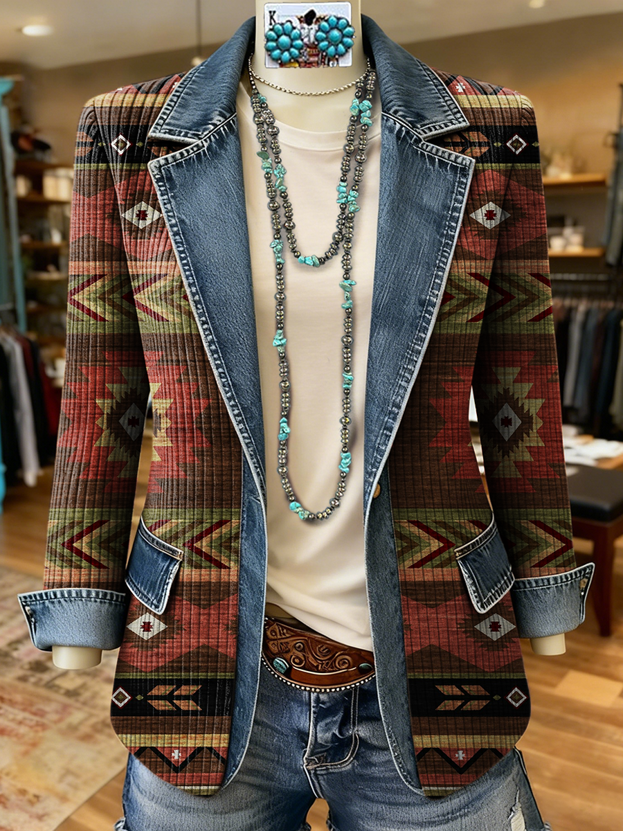 Vintage Aztec Art Print Patchwork Denim Sweater Cardigan Coat