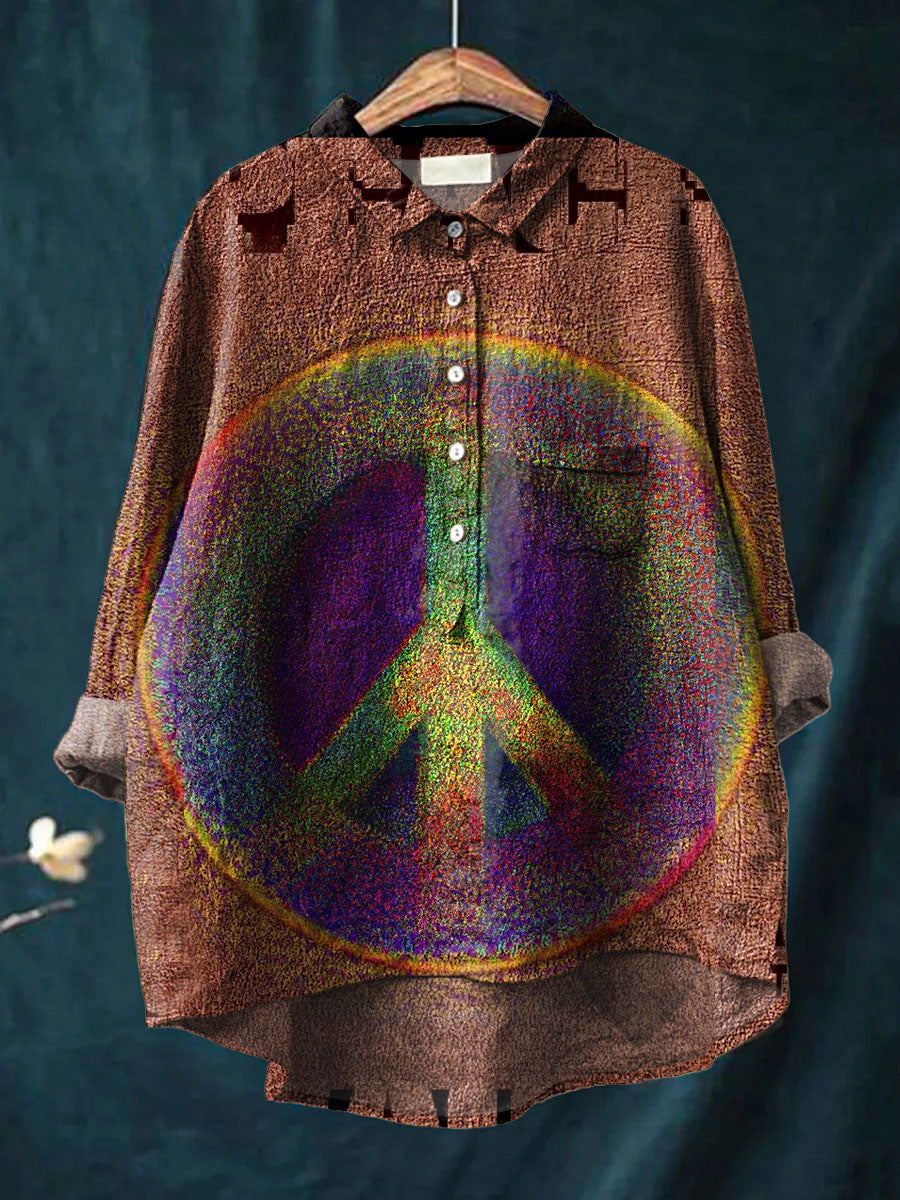 Women's Vintage Peace Sign Print Casual Cotton And Linen Shirt