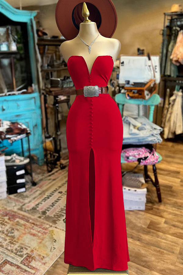 Elegant Slit Button Detail Strapless Dress