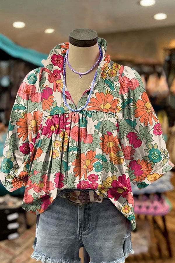 Flower Print Ruffle V-neck Bubble Sleeve Blouse