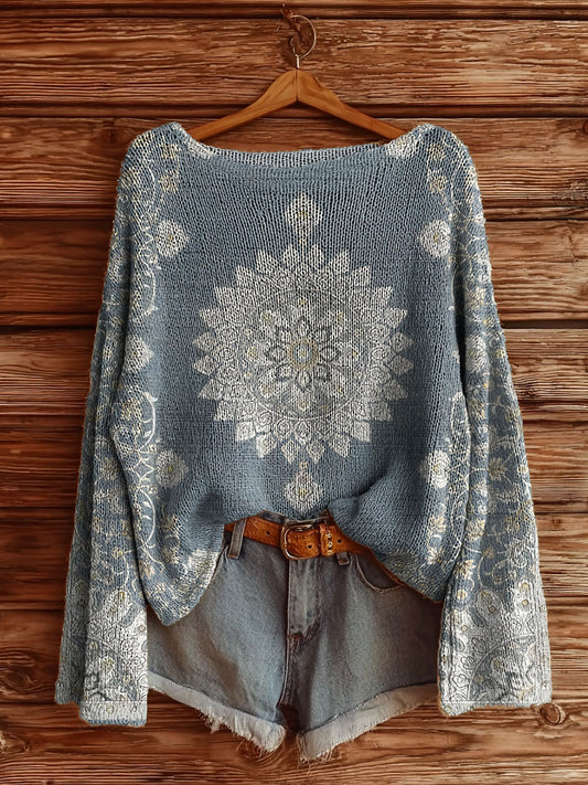 Light blue National style Flowers Print Women's Casual Pullover Sweater
